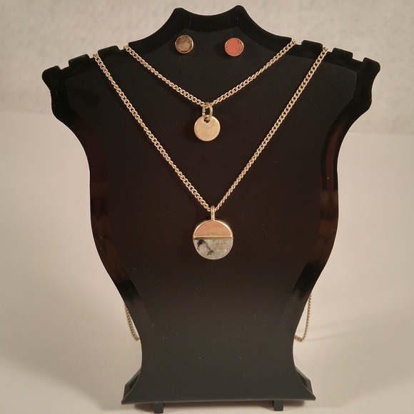 Universal Thread Jewelry - Necklace earring set gold 2-row gray stone coin